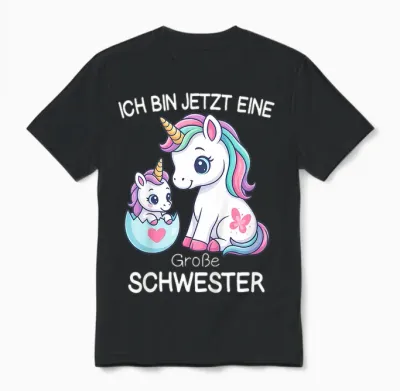Girls' Unicorn T-Shirt with German Text "ich Bin Jetzt Eine Große Schwester [ Unisex T-Shirt - Black