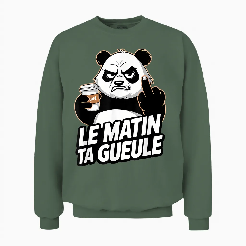 Le Matin Ta Gueule Funny Panda Coffee Sarcasm Funny Mood T-Shirt, Black, S Unisex Sweatshirt in Military Green