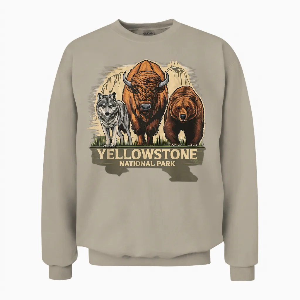 Yellowstone American National Park Wolf, Bison and Bear Vintage T-Shirt, Black, S Unisex Sweatshirt in Sand