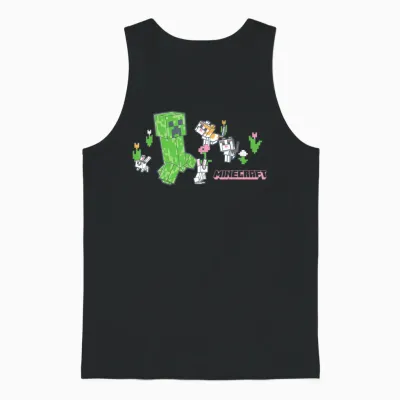 Minecraft Creeper with Bunnies and Cats Pixel Garden Unisex Tank Top - Black