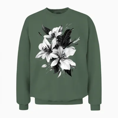Botanical Art Flower Detailed T-Shirt, White, S Unisex Sweatshirt - Military Green