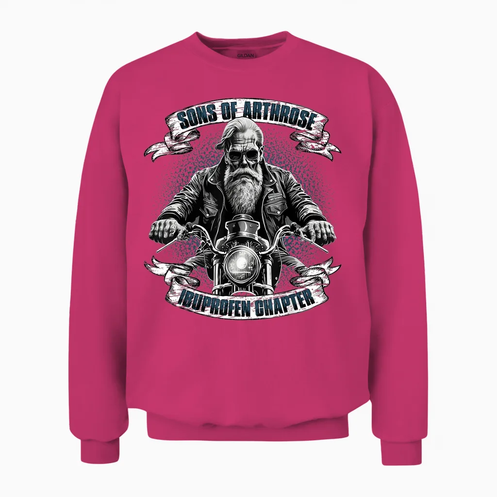 Lustiger Biker Spruch FΓΌr Den Alten Mann - Sons of Arthrosis - Ibuprofen Chapter Biker Motorcyclist T-Shirt for Older Men, Black, S Unisex Sweatshirt in Heliconia