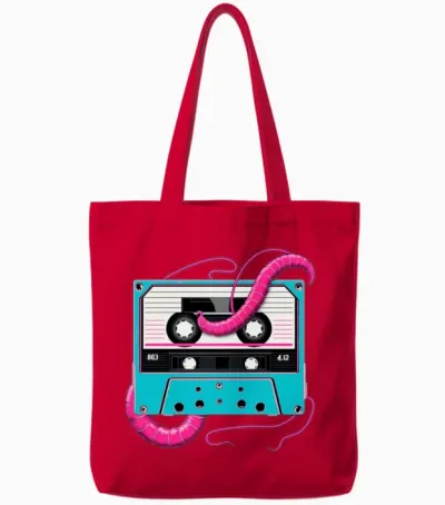 Retro 80's Cassette Tapeworm Tote Bags - Red
