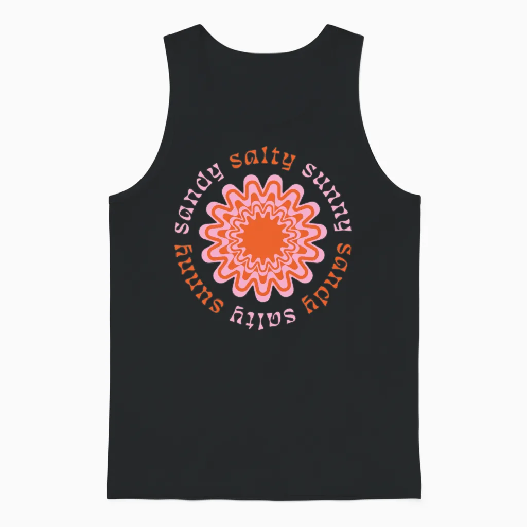 Retro Salty Sunburst Design Unisex Tank Top in Black