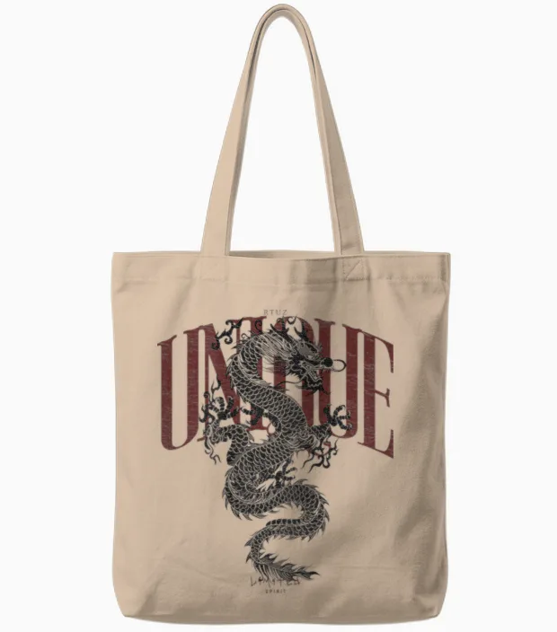 Elegant Chinese Yin and Yang Backprint Dragon T-Shirt, Gray Tote Bags in Natural