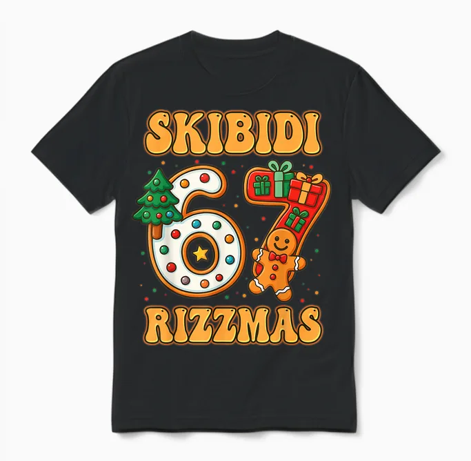 Skibidi 67 Rizzmas Funny Six Seven Meme Christmas Boys Girls Unisex T-Shirt in Black