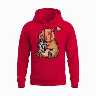 Cute Capybara Boba Bubble Tea Kawaii Capybara Girls Kids T-Shirt, Black, S Unisex Hoodie - Red