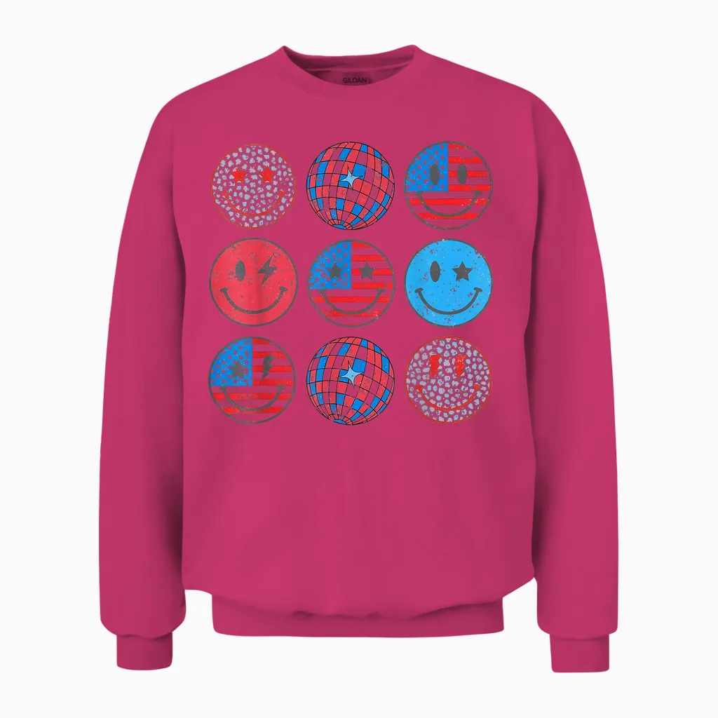 Happy 4th of July Groovy Smile Face Red White Blue Usa Flag T-Shirt for Women Kids Men Unisex Sweatshirt in Heliconia