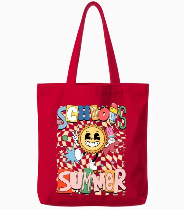 School Out for Summer Sunshine Retro Groovy Tote Bags in Red