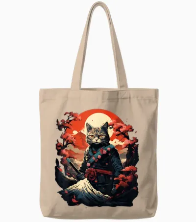 Japanese Art Cat Ninja Ukiyo-E Anime Style Samurai Cat Tote Bags - Natural