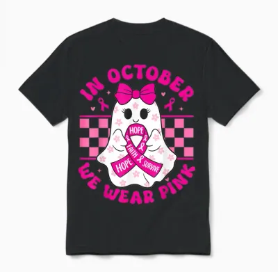 Spooky Halloween Ghost Pink Breast Cancer Awareness 2025 Unisex T-Shirt - Black