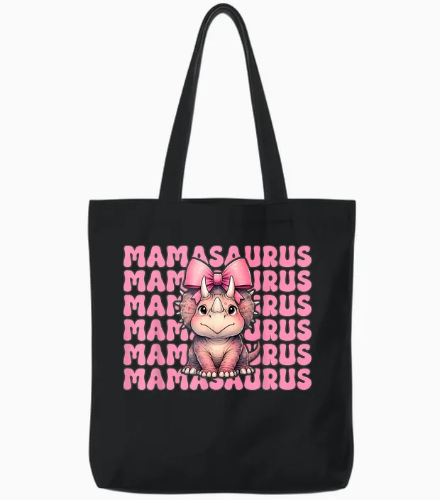 Mamasaurus Triceratops Mama Dinosaur Mom Mother's Day Tote Bags in Black