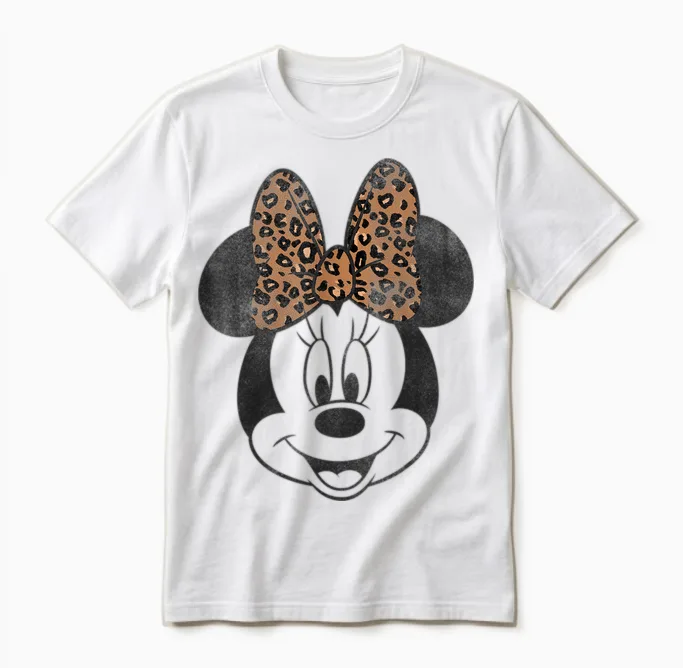 Disney Minnie Mouse Vintage Leopard Print Bow Portrait Short Sleeve Unisex T-Shirt in White