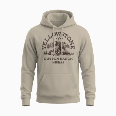 Yellowstone Dutton Ranch Montana Western Cowboy Logo T-Shirt, White Unisex Hoodie - Sand