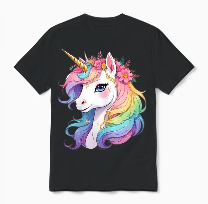 Cute Unicorn with Rainbow Flowers Mane Unicorn Unisex T-Shirt in Black