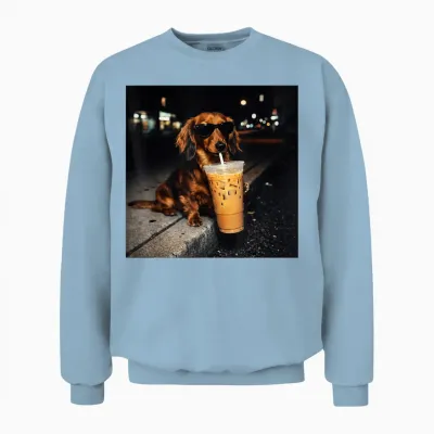 Funny Dachshund Drinking Iced Coffee Cute Dog Meme Humor Unisex Sweatshirt - Light Blue
