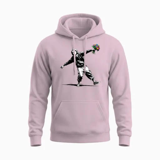 Banksy Protester Throwing Flowers Unisex Hoodie in Light Pink