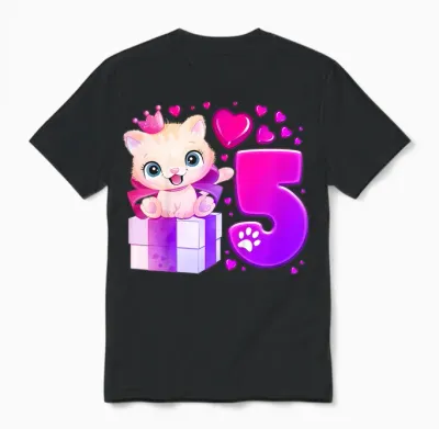 5. Geburtstag, Mädchen 5 Jahre, Katze, Nummer 5 Unisex T-Shirt - Black