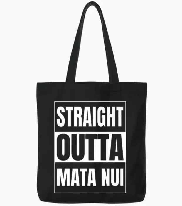 Straight Outta Mata Nui Etymology Tote Bags in Black