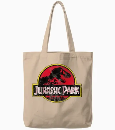 Jurassic Park Classic Logo in Red with T-Rex Tote Bags - Natural