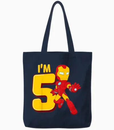 Children's Marvel Iron Man Cute Iron Man 5th Birthday I'm 5 T-Shirt, Black Tote Bags - Navy