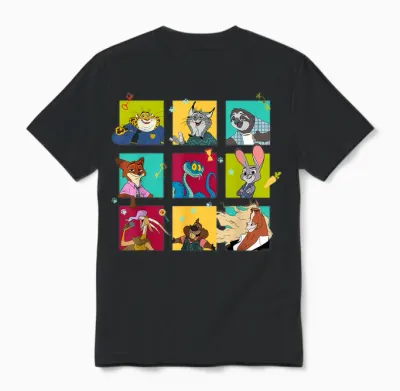 Disney Zootopia 2 Illustrated Characters Grid Unisex T-Shirt - Black