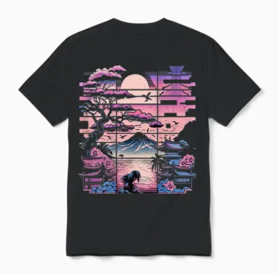 Backprint Japan Aesthetic Vaporwave Cherry Blossom Unisex T-Shirt - Black