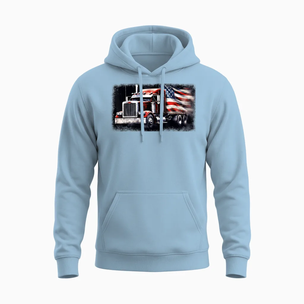 Us American Flag Semi Truck Driver Trucker Unisex Hoodie in Light Blue
