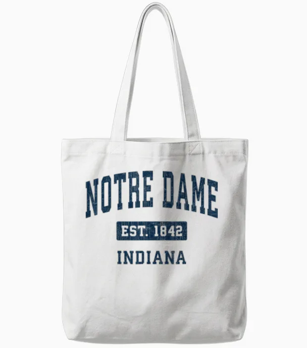 Notre Dame Indiana in Vintage Navy 90s Style Sports Design Tote Bags in White