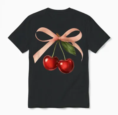 Coquette Cherries with Pink Bow | Aesthetic Theme Cherry Unisex T-Shirt - Black