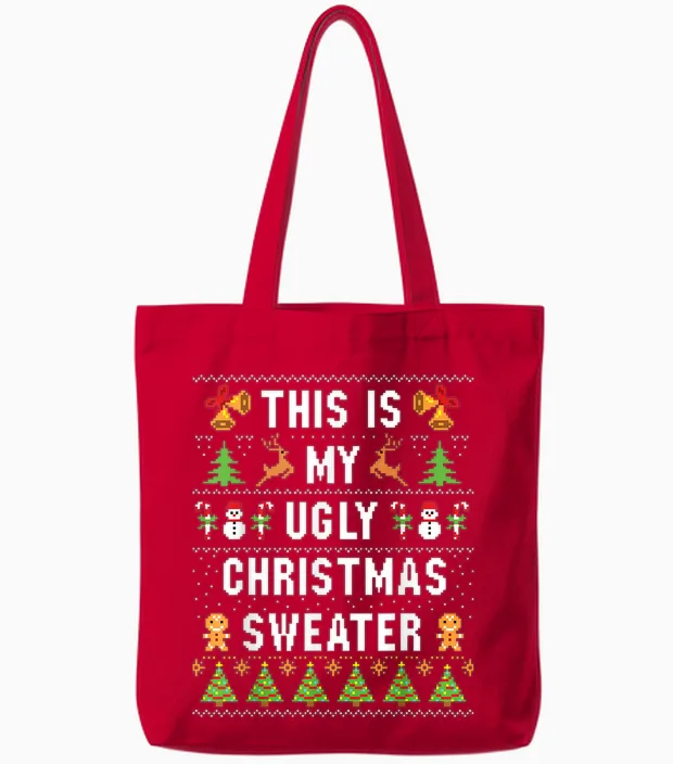 This Is My Ugly Sweater Funny Christmas Short Sleeve Tote Bags in Red