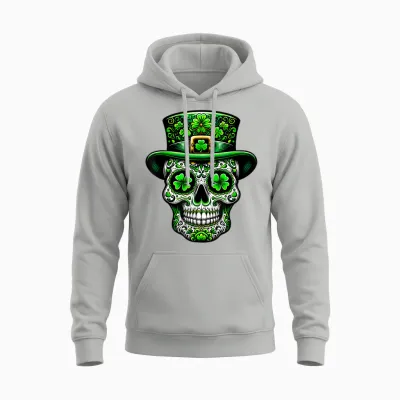 Ireland Sugar Skull Clover Irish St Patricks Day Costume T-Shirt, Black Unisex Hoodie - Ash
