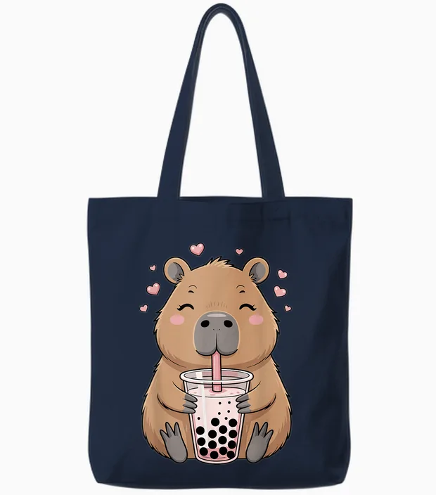 Lovely Bubble Tea Capybara for Girls, Kawaii Tote Bags in Navy