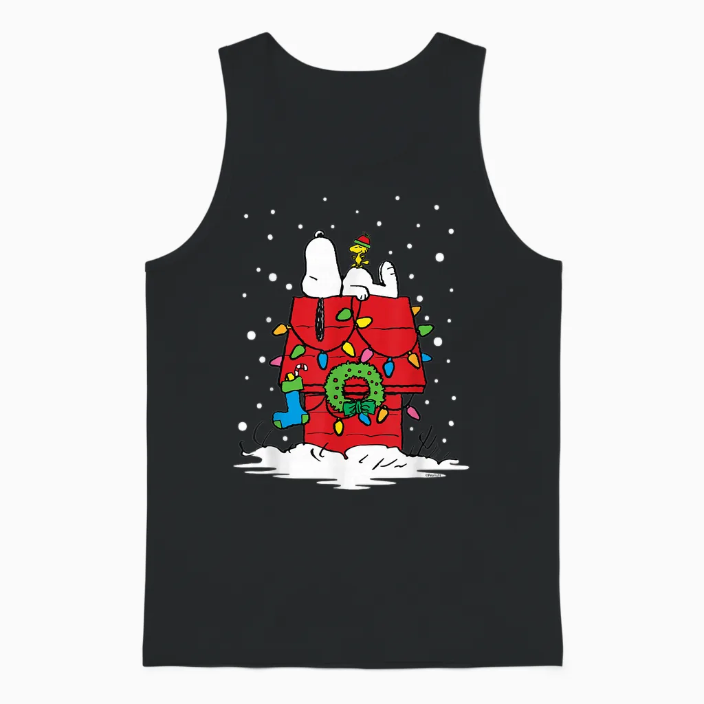 Peanuts Holiday Snoopy and Woodstock Stocking Unisex Tank Top in Black