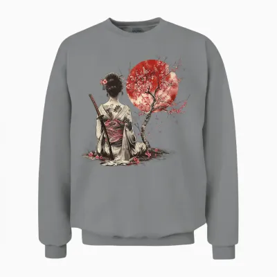 Japanese Samurai Sakura Cherry Blossom Japanese Geisha T-Shirt, Black, S Unisex Sweatshirt - Sport Grey