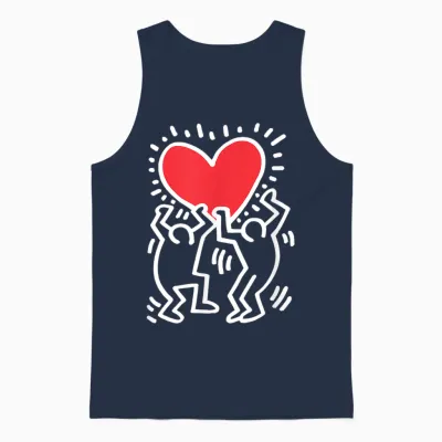 Keith Haring Dancing Heart Artwork T-Shirt, Black Unisex Tank Top - Navy