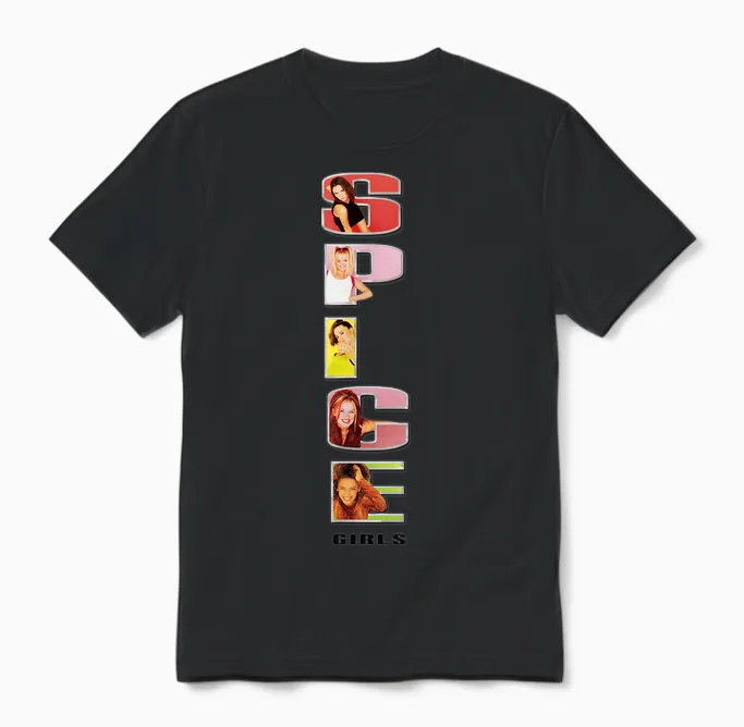 Official Spice Girls Stacked T-Shirt Logo, White Unisex T-Shirt in Black