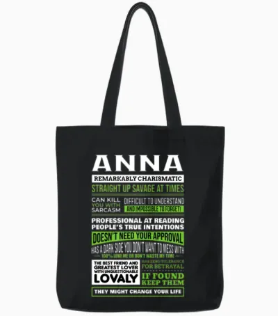 Anna Girl Name Definition Tote Bags - Black