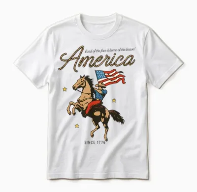 Western America Cowboy Waving American Flag Retro Unisex T-Shirt - White