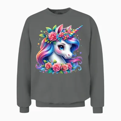 Cute Unicorn with Rainbow Mane Flowers Unicorn Unisex Sweatshirt - Graphite Heather