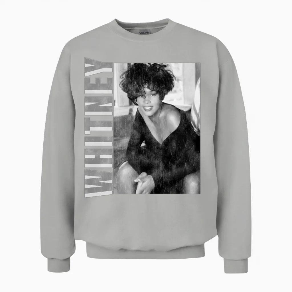 Whitney Houston Photo Black and White and Name Tag Unisex Sweatshirt in Ash