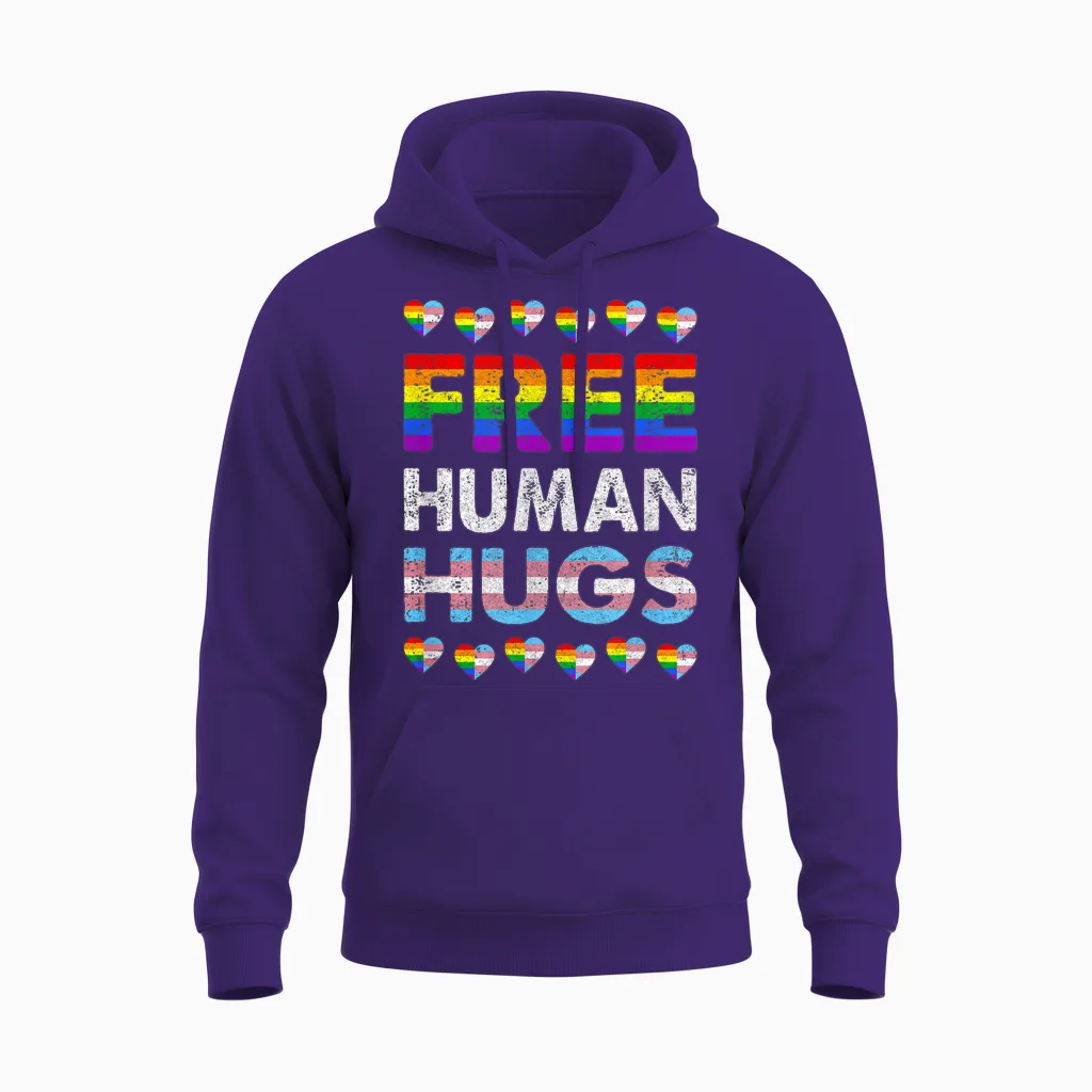 Free Human Hugs Rainbow Lgbtq Gay Pride Month, Fier Allié Unisex Hoodie in Purple