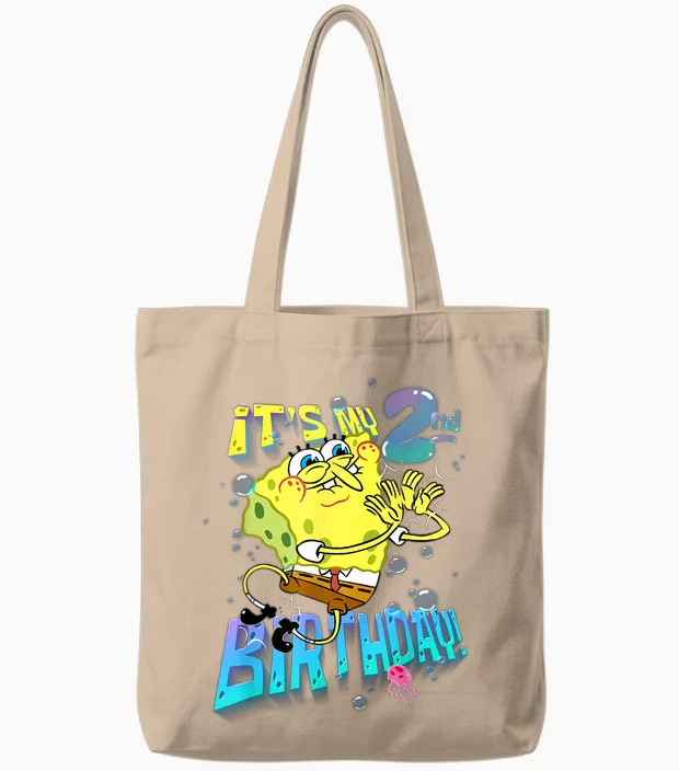 Spongebob It's My 2nd Birthday Boy Girl Kid B-Day Spongebob Tote Bags in Natural