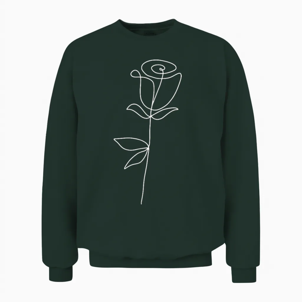 One Line Art Rose Flower Minimalist Modern White Aesthetic T-Shirt, Black Unisex Sweatshirt in Forest
