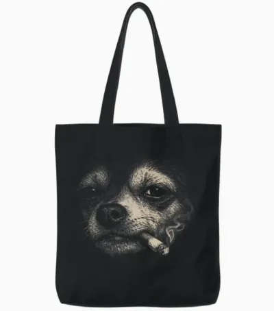 Dog Smoking Cigarette Funny Chihuahua Meme Tote Bags - Black