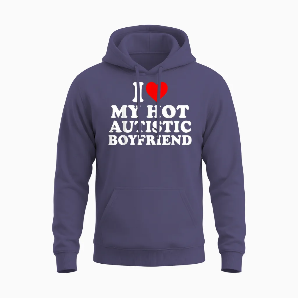 I Love My Hot Autistic Boyfriend Heart My Autism Bf T-Shirt, Black Unisex Hoodie in Heather Sport Dark Navy