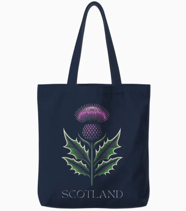 Scottish Thistle Flower, Celtic Symbol, Plaid Pattern Tote Bags in Navy