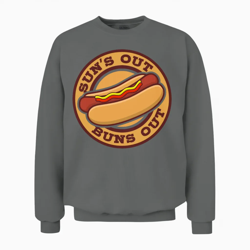 Suns Out Buns Out Hot Dog Eating Contest Hot Dog Unisex Sweatshirt in Graphite Heather