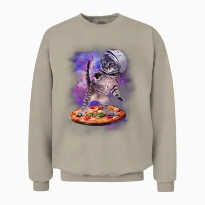 Funny Cat Flying a Pizza Astronaut Kitten Space Unisex Sweatshirt - Sand