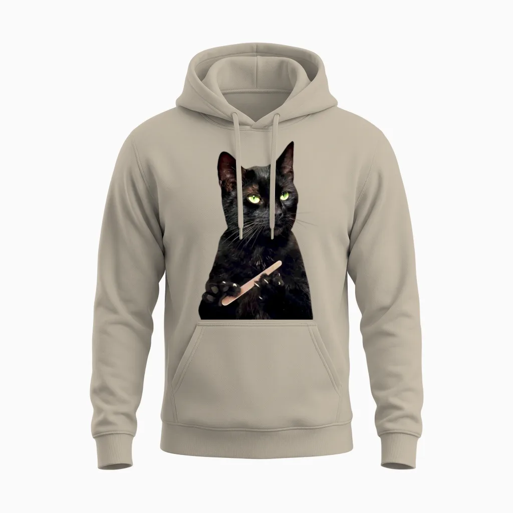 Nonplussed Black Cat Filing Nails Unisex Hoodie in Sand